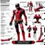 Placeholder: Plastic action figure of Deadpool technical schematic, pivot joint, rotational arrows, "how it works" engineering schemata,