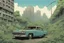 Placeholder: building, car, forest, overgrown apocalyptic city background, comic book,