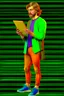 Placeholder: Modern guy, 20s, holding ipad, hand lower, looks like a renaissance painting, facing forward, full body, green