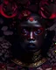 Placeholder: Beautiful young faced african voodoo vantablack woman adorned with garden red qnd ginger . Pansy flower metallic filigree decadent samanism garden pansy rhinesstone covered floral headress ornated woman portrait wearing rhinestones ribbed face masque and floral filigree embossed dress vantablack gothica voidcore decadent organic bio spinal ribbed detail of ribbed mineral stones extremely detailed hyperrealistic maximálist concept art rococo portrait art