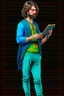 Placeholder: Modern guy, 20s, holding ipad, hand lower, looks like a renaissance painting, facing forward, full body, "Persian green"