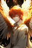 Placeholder: An anime male angel with red hair, gold eyes, and large white feathered wings that appear burned.