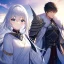 Placeholder: Girl with white hair wearing white robes. Boy with black hair wearing leather armor