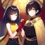 Placeholder: Clear focus,High resolution, Black short fluffy hair, and yellow eyes, wearing a black short skirt, sleeveless crop top, wearing long dark red gloves, yellow cloak, Holding hand out