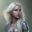 Placeholder: D&D character, female, cleric, platinum blonde hair, gold eyes, smile, blue armor