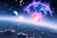 Placeholder: cosmos, planets, ufo blue metallic, sky stars, sky blue pink, light