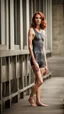 Placeholder: anorexic beautiful woman, age 24, total shot, short anthracite triathlon swimsuit, medium long wavy bob haircut, red hair, blurred concrete background