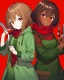 Placeholder: Short brown hair, green hooded blouse, red scarf, dark reddish background reminiscent of blood, holds a knife and smiles madly, and has red eyes that glow in the darkShort brown hair, green hooded blouse, red scarf, dark reddish background reminiscent of blood, holds a knife and smiles madly, and has red eyes that glow in the dark