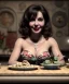 Placeholder: Ultra realistic photographic portrait, happy young Gina Lollobrigida woman sitting with arms resting on Italian kitchen table, pretty tortellini dish, classic style decoration, cold, soft color, highly detailed, unreal engine 5, ray tracing, RTX, lumen lighting, ultra detail, volumetric lighting, high definition.