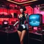 Placeholder: a female T600 robot, exuding sleek sophistication in Agent Provocateur, holds a beer in one hand and a rifle in the other. Surrounded by a mesmerizing display of retro TV sets emitting static, the scene pulsates with a unique blend of high-tech allure and vintage charm. As the bold Japanese writing flashes across the CRT 90s TV screen