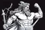 Placeholder: Detailed and realistic illustration of Greek god Zeus holding holding lightning in front of him Vintage style illustration. Red and white lightning. Ultra high resolution. Muscular, low fat percentage.