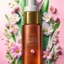 Placeholder: a bottle for cosmetics, with a beautiful spring background in the background, highly detailed picture, top view