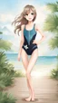 Placeholder: beautiful anorexic woman, standing, triathlon swimsuit, medium length wavy haircut