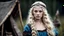 Placeholder: Photo is in sharp focus with high resolution. It is is a closeup portrait of a beautiful and slender caucasian 17 year old teen girl with long wavy platinum blonde hair. She has full lips, a turned up nose, arched eyebrows and large blue eyes. She is wearing a viking dress with a corset and in a Viking camp in Norway. She is gazing at the viewer.