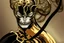 Placeholder: white man wearing a gold skull mask and black, sleek clothes, in dramatic pose, surrounded by a giant centipede, in the style of alphonse mucha