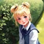 Placeholder: a pretty girl, age 8, blonde hair in bunches, playing outside by the bushes, school uniform, digital painting, stylised