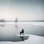 Placeholder: A captivating hyper minimalist photograph of a barren snow-covered lake, in the far distance is a man sitting in a chair ice fishing. The overall color palette is muted, the flat treeless landscape stretches out in a long shot, creating a sense of isolation and desolation