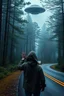 Placeholder: Fantasy forest road a man with hood waiting for a ride raising one hand to the driver to stop on the side of the road car did not stop ufo hovering above the car up