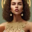 Placeholder: movie poster of conely with curly hair and crystal necklace trying dress focus on upper body and face, ball background, bushy eyebrows