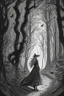 Placeholder: in the style of a Henry Justice Ford drawing, a beautiful witch walks through a forest