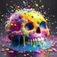 Placeholder: ((gooey melting cartoon skull)), pixar animation style, fluid form, (( covered in coloured sprinkles, candy coated raindrop toppings)), yellow, pink and blue, whimsical, adorable and cute, photorealistic cg, 3D concept art, colour alchemy, dark gradient background, playful, soft smooth lighting, white eyes, detailed, stylised and expressive, sharp, wildly imaginative, skottie young, dr seuss, Recursive ray tracing, neon rainbow graffiti, pop surrealism, Houdini FX, mantra renderer