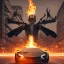 Placeholder: Fire head skeleton Rider wearing a black leather on black Lamborghini in the middle of street rounded by high tower in a City