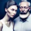 Placeholder: a young woman sitting next to a 50-year-old man with a beard and short hair, portrait, 8K, close-up face, anatomically perfect face, Highly detailed stunning full frame portrait, misty and cloudy atmosphere