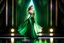 Placeholder: a very beautiful lady with makeup and curvy hair, wearing a pretty green jewelled long skirt with blouse and high heels, dancing over a modern stage with luxury metalic fractal recursive structures and dynamic color lights.3by 2