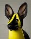 Placeholder: A black, round creature with long ears with yellow stripes and a long tail with a yellow stripe