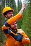 Placeholder: Red vested TF2 engineer with yellow hardhat taking a selfie at the forest