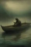 Placeholder: Человек в лодке стящий в тумане в в стиле Бексиньский