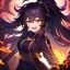 Placeholder: Clear focus, 8k, beautiful lighting, vibrant colors, girl, black long hair, vibrant golden eyes, messy hair, ponytail, angry, laughing,