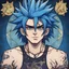 Placeholder: Rockstar with spikey blue hair, in anime tarot card art style, background stage