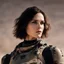 Placeholder: beautiful sexy caucasian female soldier, black metal body and limbs, visible cybernetic limbs, scratched sand camo, no armor, short brunette wavy bob haircut, dystopian, desert scene