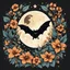 Placeholder: Best quality, masterpiece, ultra high res, detailed, illustration, design, flat vector style, high resolution, illustraTed, shadows and light, aesthetic, modern, ambient lighting, flat colors, vector illustration, bat, moon, leaves, stars, flowers, sailor jerry tattoo, old school tattoo