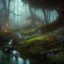 Placeholder: Dark fantasy concept art, dynamic lighting, Intricately detailed, Splash screen art, deep color, Unreal Engine, volumetric lighting, blue flowers, moss, leather, creek, pond, fantasy dark forest artwork,