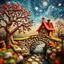 Placeholder: Photograph hasselblad h6d400c --ar 85:128 --v 6.0 of a fairy old bridge, tree, old bewitched house, made of felt, art, 3d deep field, light tiltshift, wide angle landscape scene, galaxies, creepy, Max Ernst, needlepoint, abstract silhoutte, expressionist style, colorful holiday