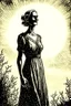 Placeholder: A hauntingly beautiful ink drawing of a woman in a summer dress, her face illuminated by the sun's rays.