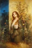Placeholder: One woman, flowers, vegetations, gothic horror films influence, creepy, depressive, gloomy, witch influence, arnold bocklin, and henry fuseli paintings