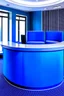 Placeholder: A circular blue reception desk with three chairs