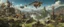 Placeholder: many magnificent sky-beasts fly up high in the distant sky, with a busy outdoor surrealist market, in a beautiful surreal outdoor countryside summer scene, with hills & fields, intricate dwellings, many pathways & stairways, streams, waterfalls, & a waterwheel : in the style of Salvador Dali & Hieronymus Bosch, very high detail, photorealistic, epic cinematic, 8K, Large depth of field
