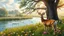 Placeholder: a beautiful river in country side and big tree,wild flowers and swans in river 2 pretty Deer with horns in plants,butterflies around flowers,heaven escape