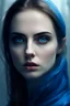 Placeholder: Deep blue shiny thick transparent plastic covered a Greek white marble woman portrait, light gray background ,blue eyes, dark eyebrows