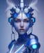 Placeholder: A beautiful portrait of a cute cyborg woman blue color scheme, high key lighting, volumetric light high details with white stripes and feathers and indian paterns and wimgs