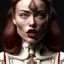 Placeholder: pale woman with gagball in mouth, covered with blood, olivia wilde face!!!, red hair, skeleton tattoo!, ultra realistic, concept art, intricate details, highly detailed, 4 5 mm. photorealistic, octane render, 8 k, unreal engine. film still, heavy grain, 3 5 mm, art by artgerm and greg rutkowski and alphonse mucha