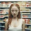 Placeholder: Old dirty Polaroid with white frames, of devon aoki with red cheeks, strange braids. in a supermarket, in 1940