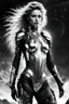 Placeholder: Generate an 16k image of a futuristic Hollywood superstar with android features, inspired by Luis Royo's art, wearing a metallic exosuit.In black and white,