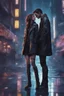 Placeholder: Science fiction, cyberpunk, city street, couple girl and guy, together, love at first sight, kiss in the rain