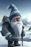 Placeholder: A middle-aged grey-skinned Gnome going through their midlife crisis and vacationing in the arctic. The background is of a frozen tundra.