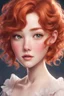 Placeholder: A short girl with thick short wavy red hair, narrow kind eyes with an enthusiastic look. A wide oval face is decorated with an upturned nose and small lips in the style of genshin impact, a ballerina